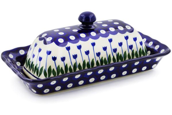 Butter Dishes | Ceramika Artystyczna Butter Dish 9" Blue Tulip Peacock Butter Dishes Butter Dishes