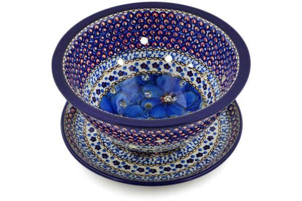 Colanders | Ceramika Artystyczna Colander with Plate 8" Cobalt Poppies UNIKAT Colanders Ceramika Artystyczna