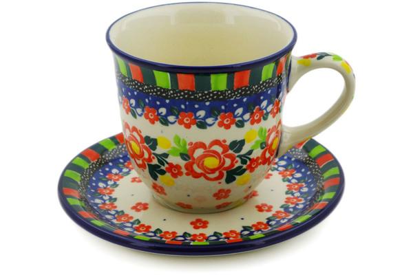 Cups | Ceramika Artystyczna Cup with Saucer 10 oz Floral Puzzles UNIKAT Cups Ceramika Artystyczna