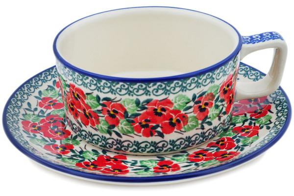 Cups | Ceramika Artystyczna Cup with Saucer 11 oz Red Pansy Cups Ceramika Artystyczna