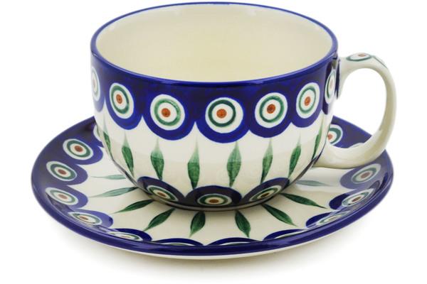 Cups | Ceramika Artystyczna Cup with Saucer 13 oz Peacock Leaves Cups Ceramika Artystyczna