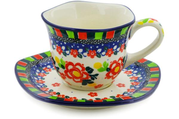 Cups | Ceramika Artystyczna Cup with Saucer 8 oz Floral Puzzles UNIKAT Cups Ceramika Artystyczna