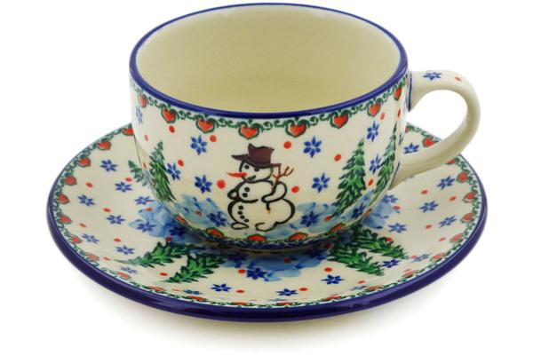 Cups | Ceramika Artystyczna Cup with Saucer 9 oz Dancing Snowman UNIKAT Cups Ceramika Artystyczna