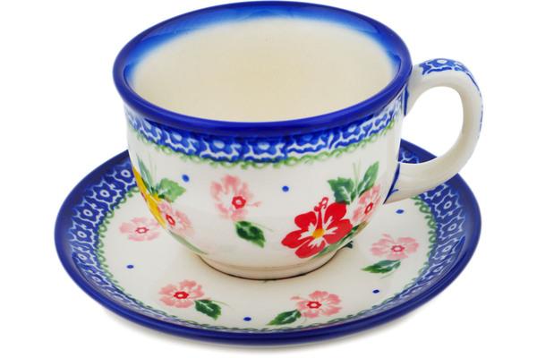 Cups | Ceramika Bona Cup with Saucer 7 oz Hibiscus Splendor Cups Ceramika Bona