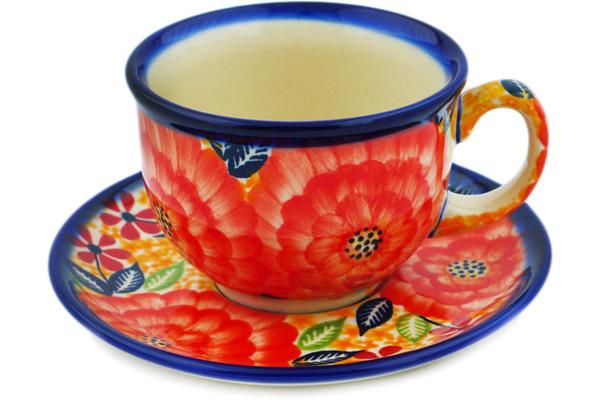 Cups | Ceramika Bona Cup with Saucer 7 oz Red Fantasy UNIKAT Cups Ceramika Bona