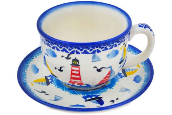 Cups | Ceramika Bona Cup with Saucer 7 oz Sea Sights UNIKAT Cups Ceramika Bona