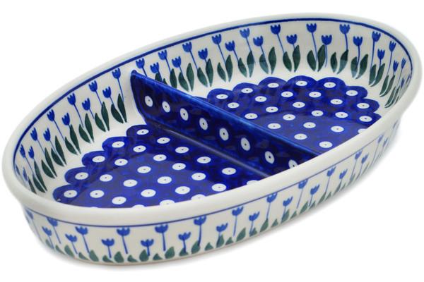 Dishes | Ceramika Artystyczna Divided Dish 11" Blue Tulip Peacock Dishes Ceramika Artystyczna