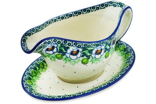 Gravy Boats | Ceramika Artystyczna Gravy Boat with Saucer 20 oz Green Flora Gravy Boats Ceramika Artystyczna