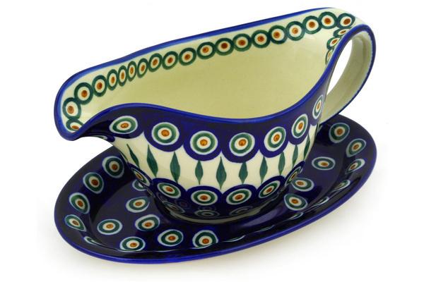 Gravy Boats | Ceramika Artystyczna Gravy Boat with Saucer 20 oz Peacock Leaves Gravy Boats Ceramika Artystyczna