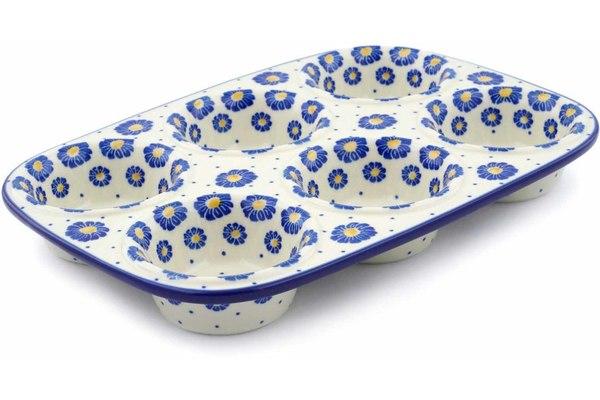 Muffin Pans | Ceramika Artystyczna Muffin Pan 11" Blue Zinnia Bakeware Ceramika Artystyczna