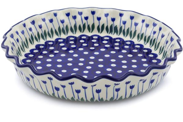 Pie Dishes | Ceramika Artystyczna Fluted Pie Dish 10" Blue Tulip Peacock Bakeware Ceramika Artystyczna