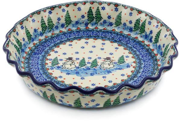 Pie Dishes | Ceramika Artystyczna Fluted Pie Dish 10" Dancing Snowman UNIKAT Bakeware Ceramika Artystyczna