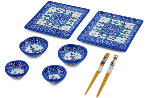 Place Settings | Ceramika Bona Set for Sushi 15" Blue Tulip Garden UNIKAT Kitchen & Dining Ceramika Bona