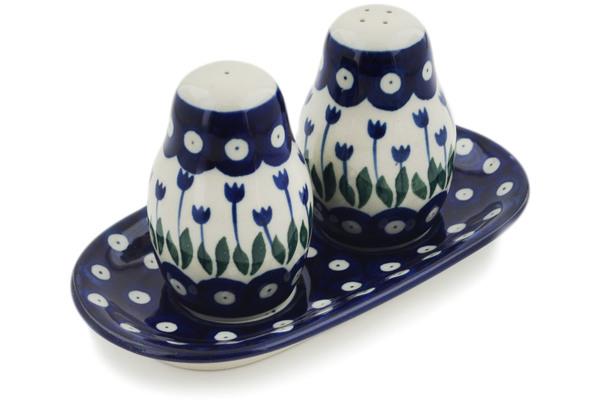 Salt and Pepper Sets | Ceramika Artystyczna Salt and Pepper 3-Piece Set Blue Tulip Peacock Kitchen & Dining Ceramika Artystyczna