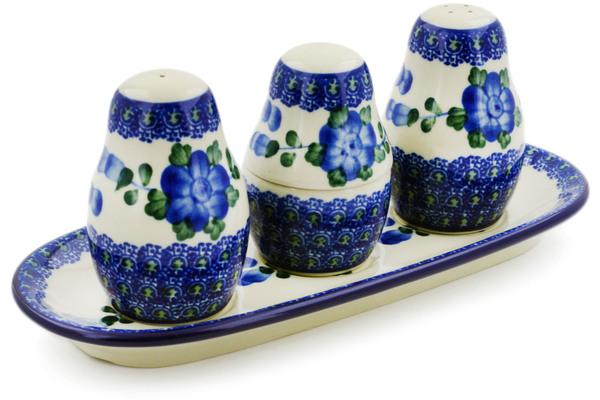 Salt and Pepper Sets | Ceramika Artystyczna Salt and Pepper with Toothpick Holder 10" Blue Poppies Kitchen & Dining Ceramika Artystyczna