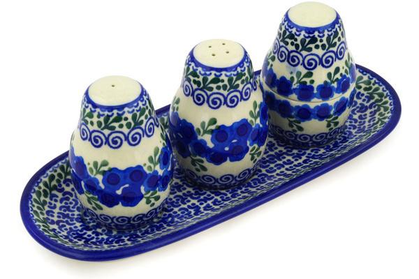 Salt and Pepper Sets | Ceramika Artystyczna Salt and Pepper with Toothpick Holder 10" Blue Poppy Wreath Kitchen & Dining Ceramika Artystyczna