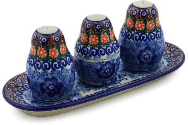 Salt and Pepper Sets | Ceramika Artystyczna Salt and Pepper with Toothpick Holder 10" Dancing Blue Poppies UNIKAT Kitchen & Dining Ceramika Artystyczna