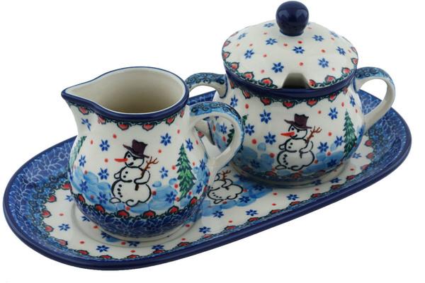 Sugar Bowls | Ceramika Artystyczna Sugar and Creamer Set 10" Dancing Snowman UNIKAT Serving Dishes Ceramika Artystyczna