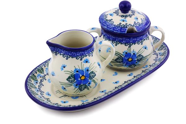 Sugar Bowls | Ceramika Artystyczna Sugar and Creamer Set 10" Forget Me Not UNIKAT Serving Dishes Ceramika Artystyczna