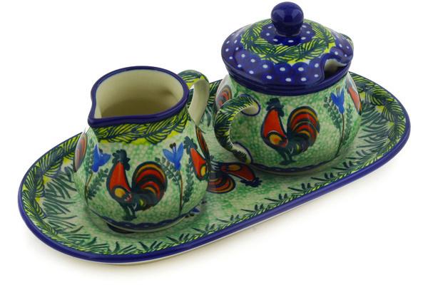 Sugar Bowls | Ceramika Artystyczna Sugar and Creamer Set 10" Rooster Parade UNIKAT Serving Dishes Ceramika Artystyczna