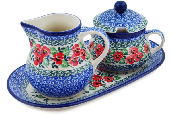 Sugar Bowls | Ceramika Artystyczna Sugar and Creamer Set 11" Red Pansy Serving Dishes Ceramika Artystyczna