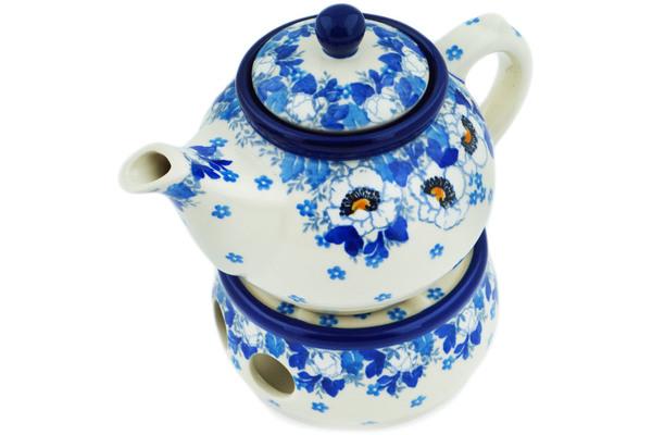 Tea Coffee Pots | Ceramika Artystyczna Tea or Coffe Pot with Heater 15 oz Blue Spring Kitchen & Dining Ceramika Artystyczna