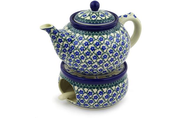 Tea Coffee Pots | Ceramika Artystyczna Tea or Coffe Pot with Heater 40 oz Blue Daisy Trellis Kitchen & Dining Ceramika Artystyczna