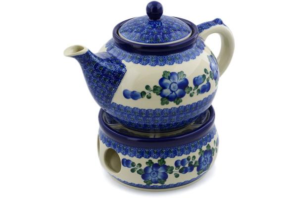 Tea Coffee Pots | Ceramika Artystyczna Tea or Coffe Pot with Heater 40 oz Blue Poppies Kitchen & Dining Ceramika Artystyczna