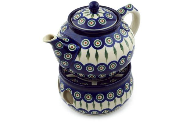 Tea Coffee Pots | Ceramika Artystyczna Tea or Coffe Pot with Heater 40 oz Peacock Leaves Kitchen & Dining Ceramika Artystyczna