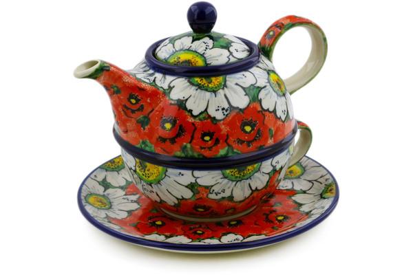 Tea Coffee Pots | Ceramika Artystyczna Tea Set for One 22 oz Sweet Red Petals UNIKAT Kitchen & Dining Ceramika Artystyczna