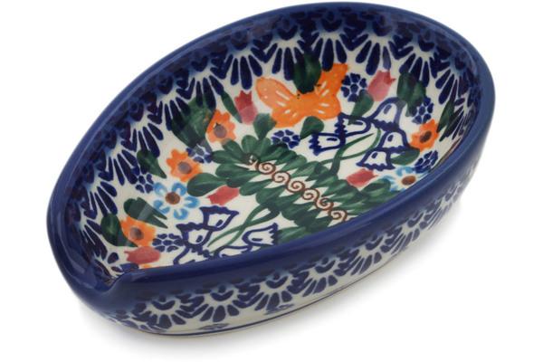 Trays | Ceramika Bona Spoon Rest 5" Double White Flower UNIKAT Kitchen & Dining Ceramika Bona