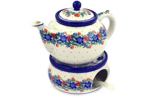 Tea Coffee Pots | Ceramika Artystyczna Tea or Coffe Pot with Heater 40 oz Polish Wreath Kitchen & Dining Ceramika Artystyczna